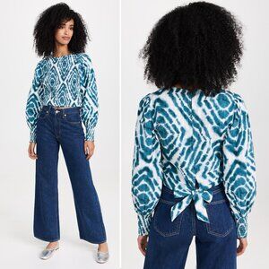 SCOTCH & SODA Smocked Long Sleeve Top Blouse US Size 10 L Bow Back Teal Tie Dye